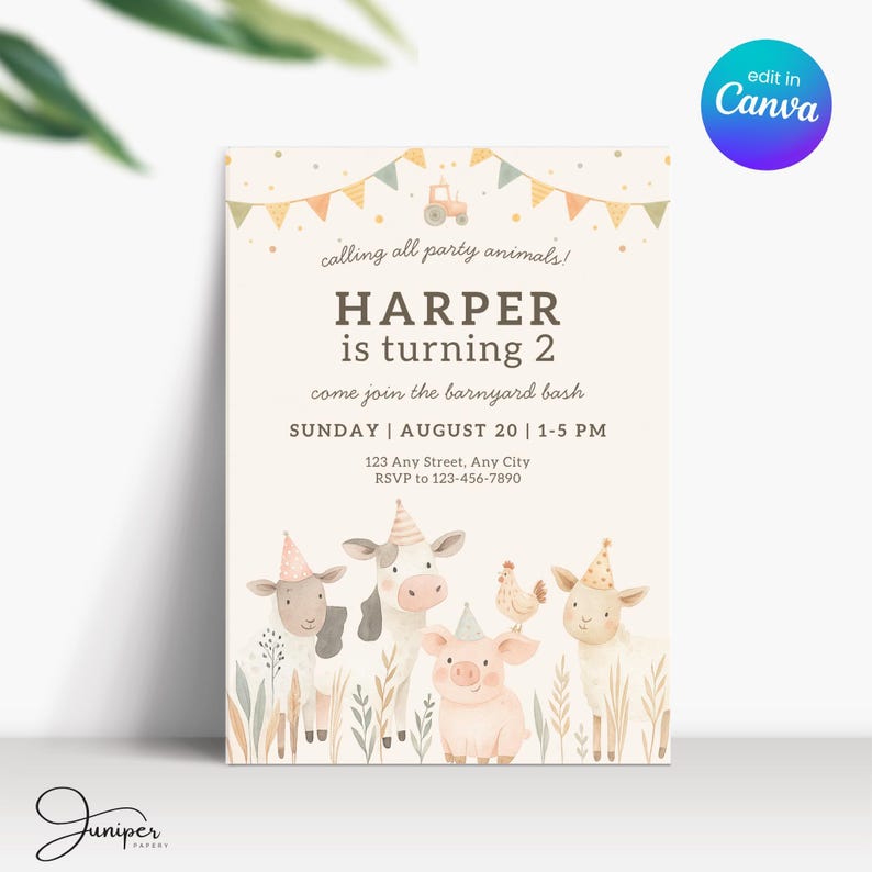 Party Animals Farm Invitation, 2nd Birthday Farm Animal Invite, Farm Invitation Two Year Old, Barnyard Bash Invitation, Petting Zoo Invite