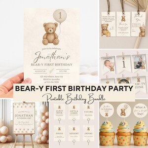 May include: A collection of printable birthday party decorations with a teddy bear theme. Includes invitations, thank you tags, banners, cupcake toppers, and food labels. The invitation reads "Jonathan's Bear-Y First Birthday".
