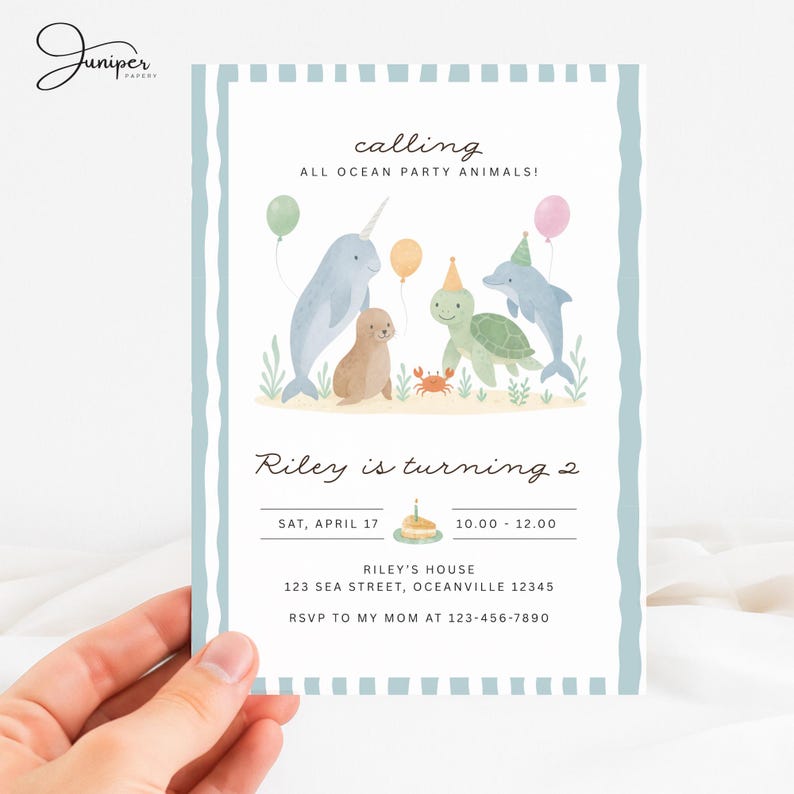 Sea Animals Birthday Invite, Ocean Party Animals Second Birthday Invitation, Under The Sea Birthday Invite, Blue Party Animals Invitation