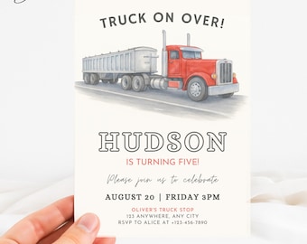Semi Truck Birthday Invitation, Classic Truck Invitation, Vehicle Transportation Invitation, Big Rig Party Invite, 18 Wheeler Invitation