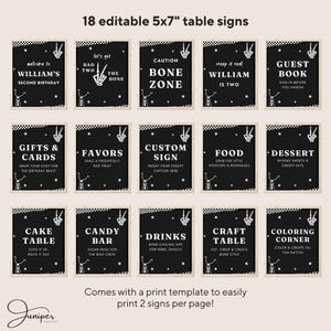 Pode incluir: Um conjunto de 18 placas de mesa editáveis de 5x7 polegadas com um tema assustador. Cada placa apresenta um fundo preto com texto branco e ilustrações de mãos de esqueleto. As placas incluem frases como "Bone Zone" e "Candy Bar".