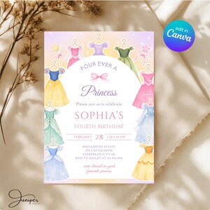 Four Ever A Princess Birthday Invitation, Princess Dress 4th Birthday Invite, Royal Theme Birthday Template, Fairytale Birthday Party