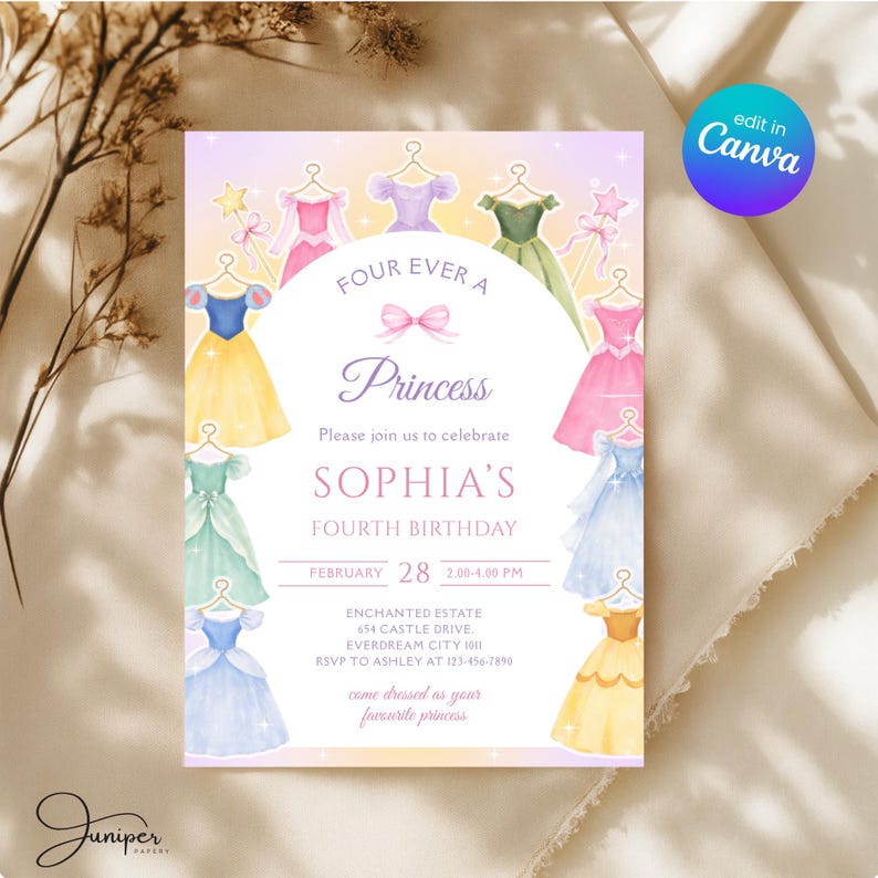Four Ever A Princess Birthday Invitation, Princess Dress 4th Birthday Invite, Royal Theme Birthday Template, Fairytale Birthday Party