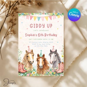 Horse Birthday Invitation, Giddy Up Birthday Party Invite, Girl's Birthday Invite, Pony Birthday Invite, Pink Floral Birthday Invite