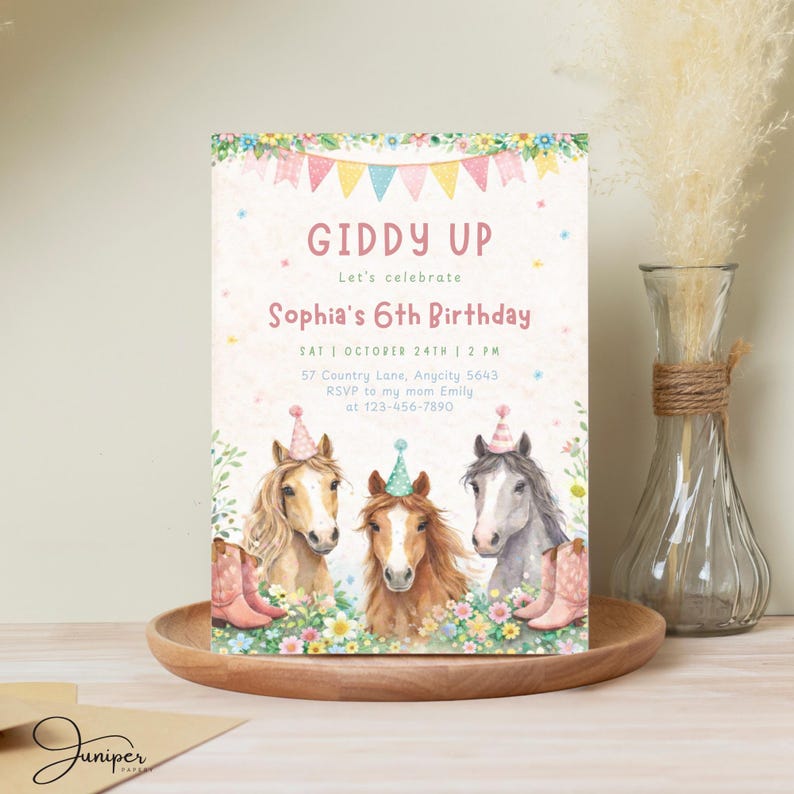 Horse Birthday Invitation, Giddy Up Birthday Party Invite, Girl's Birthday Invite, Pony Birthday Invite, Pink Floral Birthday Invite
