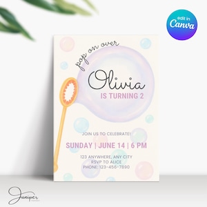 Faire-part d'anniversaire bulles, deuxième anniversaire, bulles d'invitation, invitation d'anniversaire fille pastel de 2 ans, bulles d'invitation d'anniversaire de filles