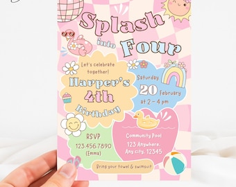 Invitación para fiesta "Chapoteo en Cuatro", invitación para una fiesta en la piscina genial, invitación para cumpleaños de 4 años, invitación retro de playa de verano, invitación para fiesta en la piscina