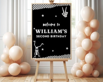 Letrero de bienvenida de cumpleaños con temática de esqueletos, letreros de bienvenida con temática de huesos, póster de bienvenida de Halloween, decoración para fiestas de huesos, letreros de cumpleaños personalizados
