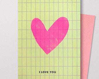 NEON LOVE Postkarte handgedruckt | *I love you* | Karte Herz | Liebe | Grußkarte Muttertag A6 | Geschenk für Sie | Ihn | Geburtstag | nur so