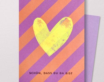 NEON LOVE Postkarte handgedruckt | Karte | Herz | Liebe | Schön dass du da bist | Grußkarte Muttertag | Valentinstag | Geburtstag