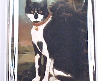 Tuxedo Cat Large Rectangle Glass Decoupage Paperweight - Victoria Fischetti Designs - Signed on the back