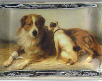 2 Dogs Large Rectangle Glass Decoupage Paperweight - Victoria Fischetti Designs - Signed on the back