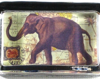 Elephant Large Rectangle Glass Decoupage Paperweight - Victoria Fischetti Designs - Signed on the back.