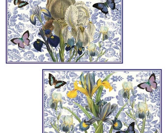 Iris on Blue Damansk Decoupage Laminated Placemats - Set of 6 - Victoria Fischetti Designs - Printed and signed on the back.