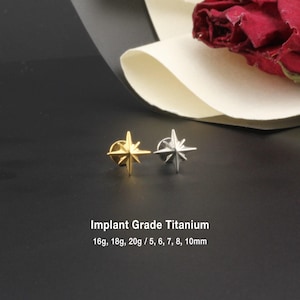 20G/18G/16G Titanium Starburst Threadless Push Pin Labret, Cartilage stud, Tragus stud, Helix stud, Conch stud, Nose Stud, Gold Star