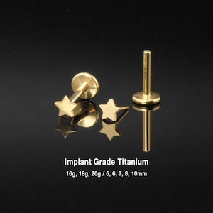 20G/18G/16G 2mm ~ 3.5mm Titanium Star Threadless Push Pin Labret, Cartilage stud, Tragus stud, Helix stud, Conch stud, Nose Stud, Gold star