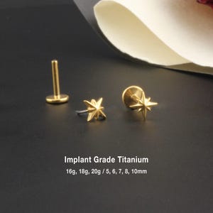 20G/18G/16G Titanium Starburst Threadless Push Pin Labret, Cartilage stud, Tragus stud, Helix stud, Conch stud, Nose Stud, Gold Star