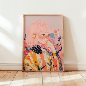 Boho Blumen Mädchen Digital Art – Digital Print Illustration | Rosa Wand Dekor