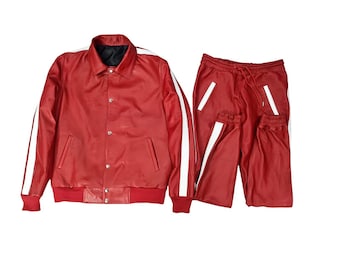 Men's Red Sheepskin Leather Tracksuit: Streetwear Jogger Set
