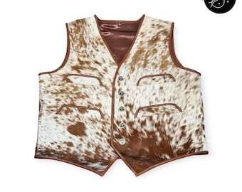 Men's Genuine Leather Cowhide Natural Hair Western Cowboy Rancher Leather Vest