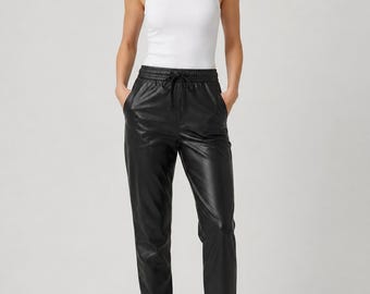 Pantalones deportivos de piel de oveja auténtica para mujer, corte relajado, cintura con cordón ajustable, largo hasta el tobillo, estilo clásico.