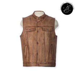 Men’s Brown Distressed Leather Vest | Cowhide Biker Waistcoat | Western Motorcycle Vintage Style