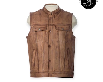 Men’s Brown Distressed Leather Vest | Cowhide Biker Waistcoat | Western Motorcycle Vintage Style