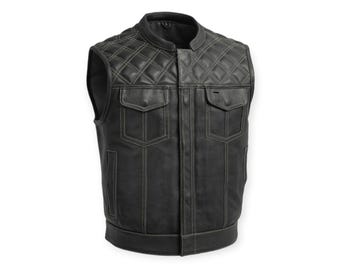 Cowhide Leather Motorcycle Vest: Diamond Stitch Biker Waistcoat.