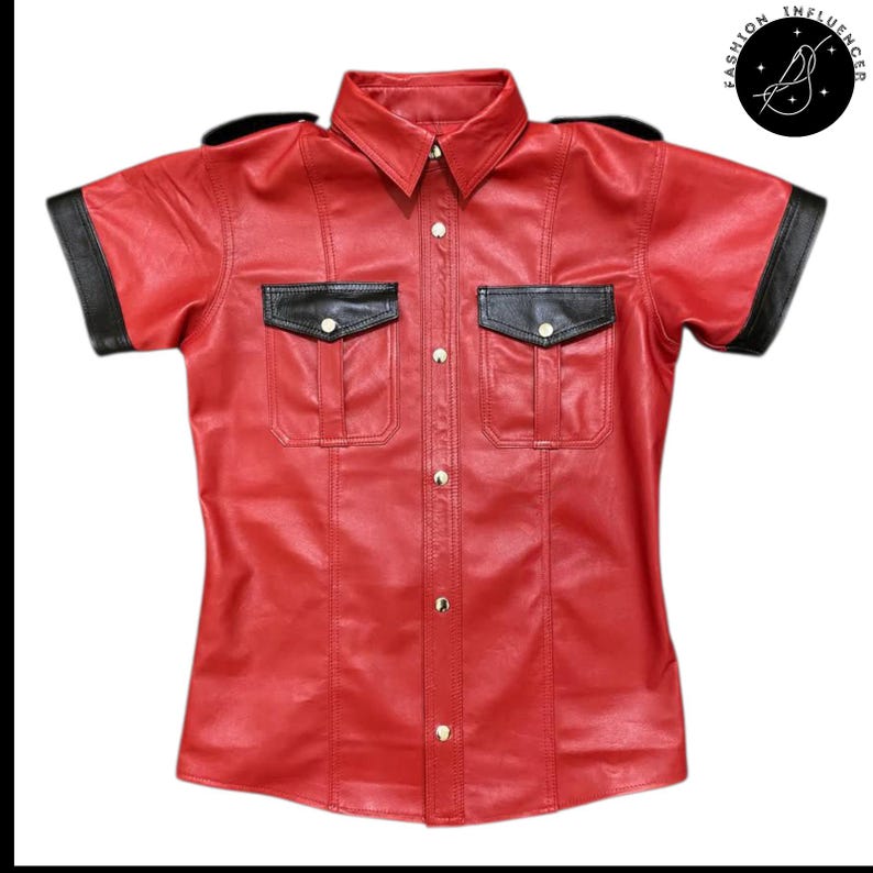 May include: Red leather short-sleeve shirt with black accents on the shoulders, pocket flaps, and sleeve cuffs. The shirt has two chest pockets and gold-colored buttons. The shirt is a button-down style.