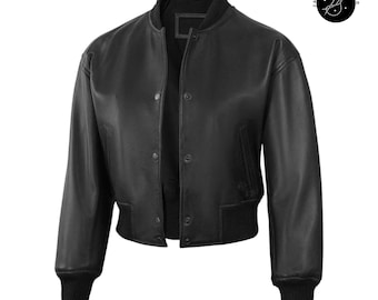 Handmade Cropped Sheepskin Leather Bomber Jacket: Women's Varsity Outerwear