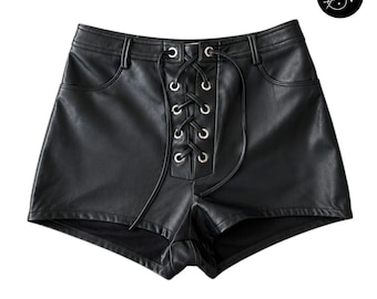 Pantaloncini in vera pelle di pecora – Allacciatura frontale, vita alta, stile grintoso da festival