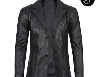 Men's Genuine Leather Black Sheepskin Two Button Blazer Leather Coat Jacket