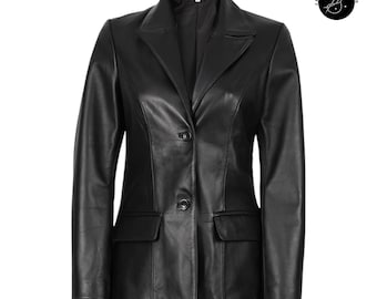 May include: A black leather blazer with a classic design. The blazer features a notched lapel, two front pockets, and two buttons for closure. The jacket has long sleeves and a tailored fit, suitable for various occasions.