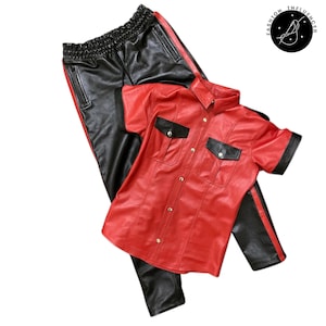 May include: A red leather short-sleeve shirt with black pocket accents and gold buttons, paired with black leather pants with red side stripes. The outfit is a bold fashion statement.