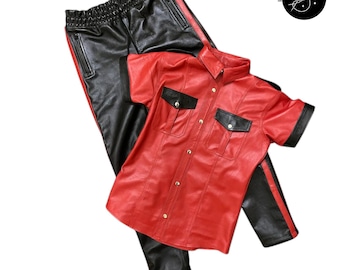 Men's Genuine Leather Suit Black & Red Contrast Outfit Shirt Jogger Pants Set