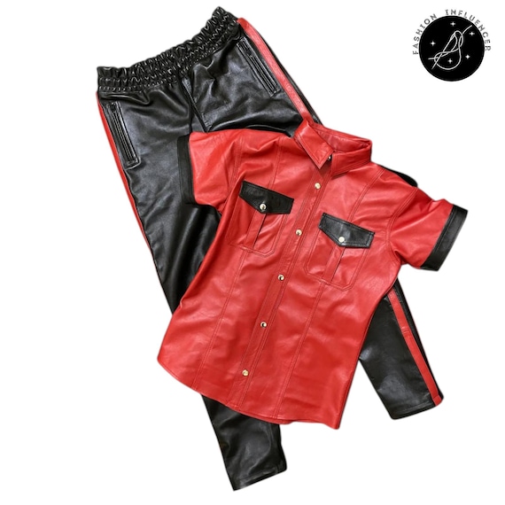 Men's Genuine Leather Suit Black & Red Contrast Outfit Shirt Jogger Pants Set