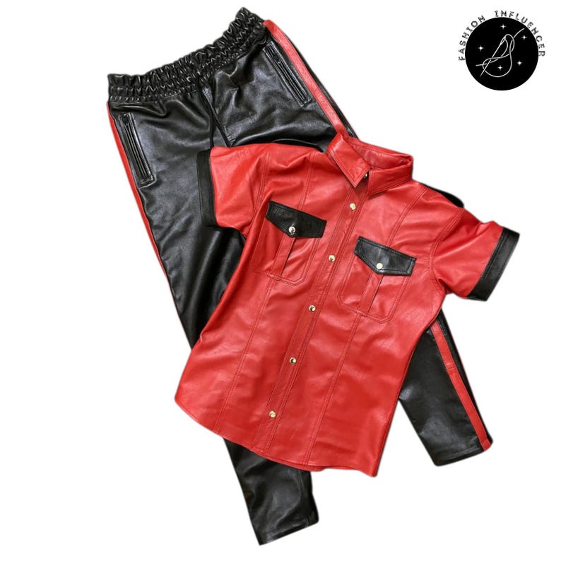 May include: A red leather short-sleeve shirt with black pocket accents and gold buttons, paired with black leather pants with red side stripes. The outfit is a bold fashion statement.