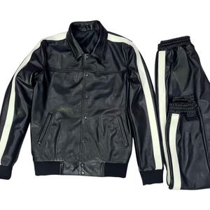 Men&#39;s Brayden Premium Quality Genuine Leather Track Suit Real Lambskin Sweat suit [Black/White]