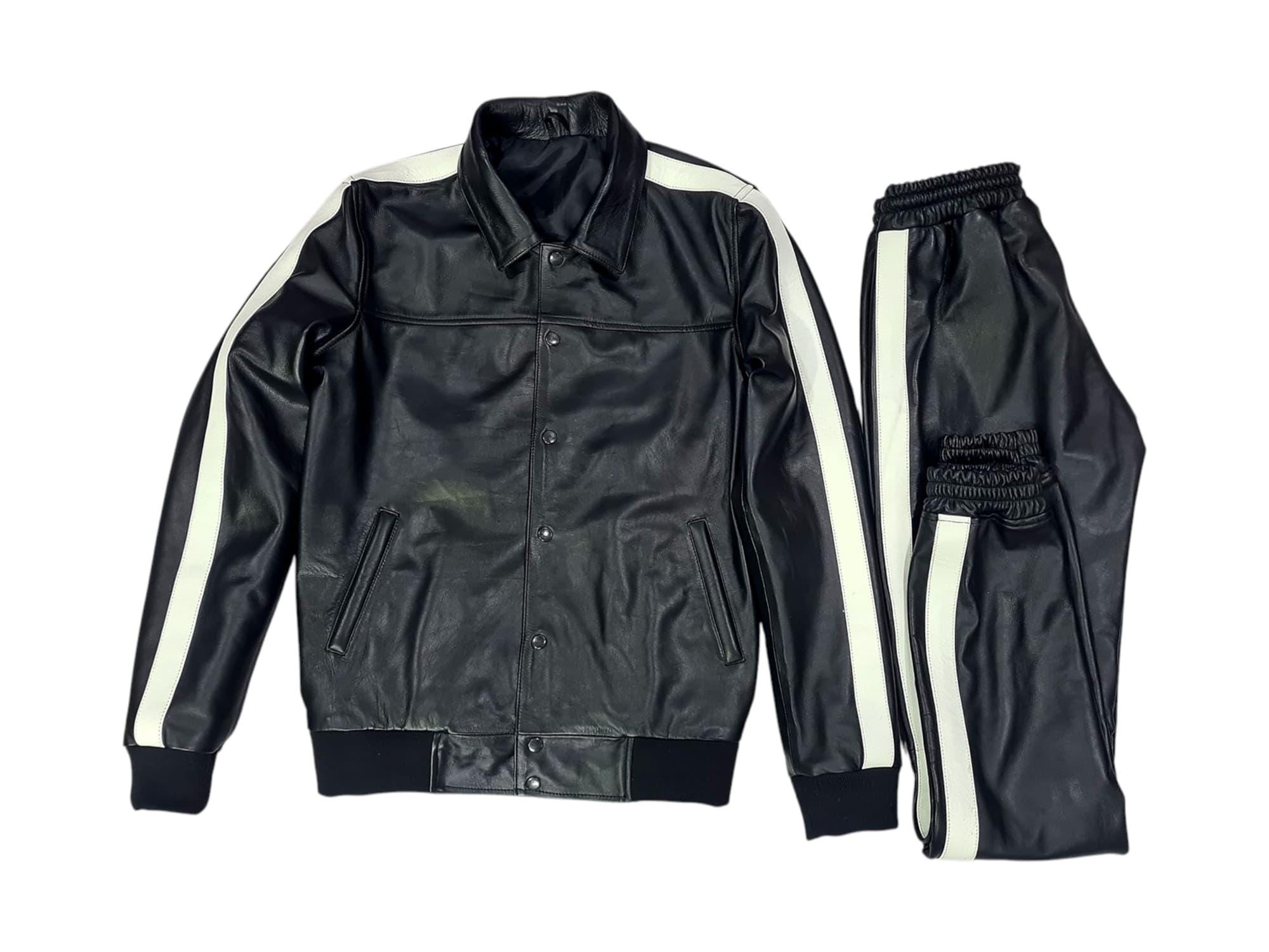 Men's Genuine Lambskin Leather Tracksuit: Black White Stripe
