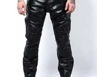 Men's Black Quilted Lambskin Leather Biker Pants: Handmade Western Style