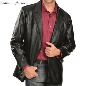 Men’s Real Black Lambskin Leather Blazer | Western Style Two-Button Leather Coat | Genuine Handmade Jacket
