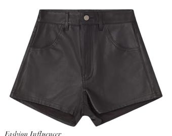 May include: Black leather shorts with a high waist and two front pockets.