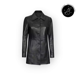 May include: A black leather coat with a collared neckline and button-down front. The coat has long sleeves and a tailored fit. The Fashion Influencer logo is in the upper right corner.