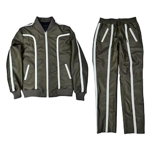 Men&#39;s Brayden Premium Real Lambskin Leather Track Suit Sweat suit [Olive/White]