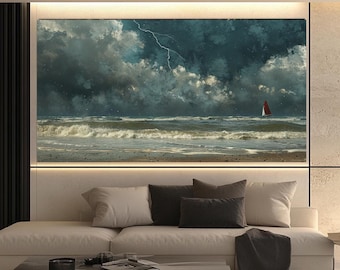Stormy Sea Painting, Lightning Sailboat Print, Dramatic Seascape Wall Decor