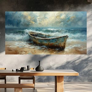 May include: An oil painting depicts a weathered blue boat beached on a sandy shore, with foamy waves crashing around it. The sky is filled with dramatic clouds, creating a moody coastal scene. The artwork is displayed on a wall.