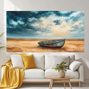 May include: A painting of a weathered wooden boat on a sandy beach with a cloudy sky above. The boat is blue and gray and is sitting on the sand. The sky is a mix of blue, gray, and white clouds.