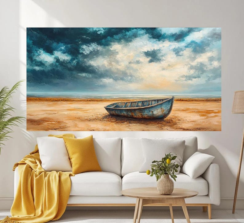 May include: A painting of a weathered wooden boat on a sandy beach with a cloudy sky above. The boat is blue and gray and is sitting on the sand. The sky is a mix of blue, gray, and white clouds.
