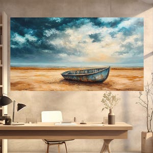 May include: A painting of a weathered blue boat on a sandy beach with a cloudy sky above. The boat is sitting on the sand with the water in the background.