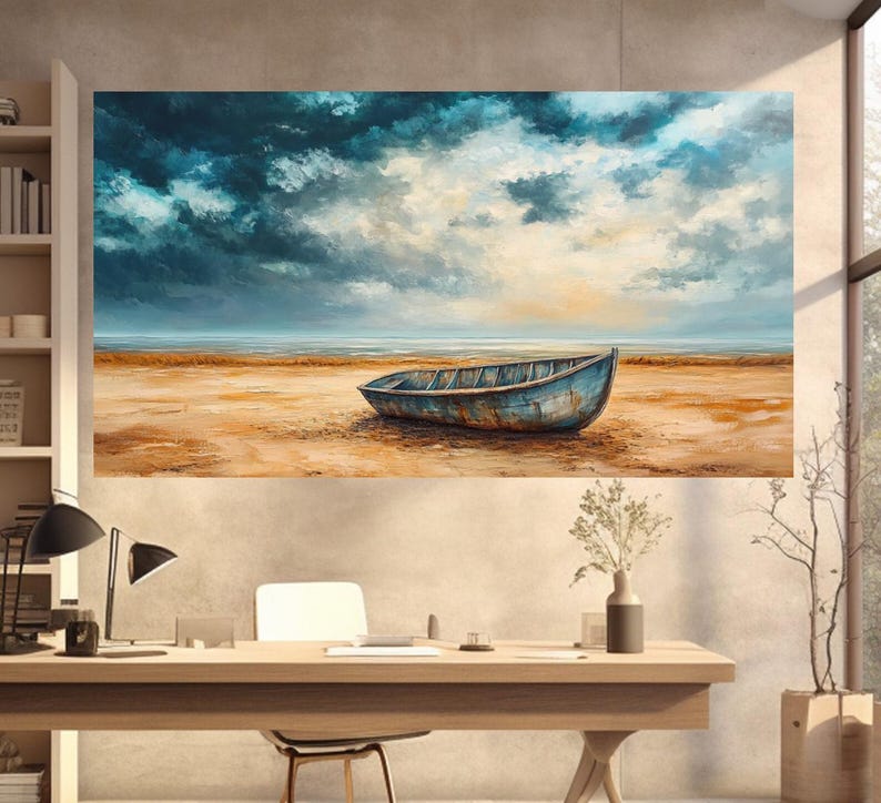 May include: A painting of a weathered blue boat on a sandy beach with a cloudy sky above. The boat is sitting on the sand with the water in the background.